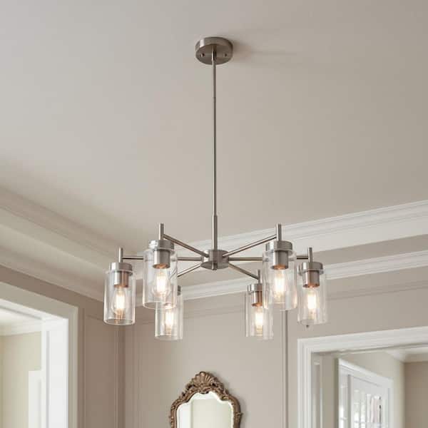 5-Light Nickel Pendant Light with Clear Glass Shades - Adjustable Chandelier for Dining Room, Kitchen, or Foyer
