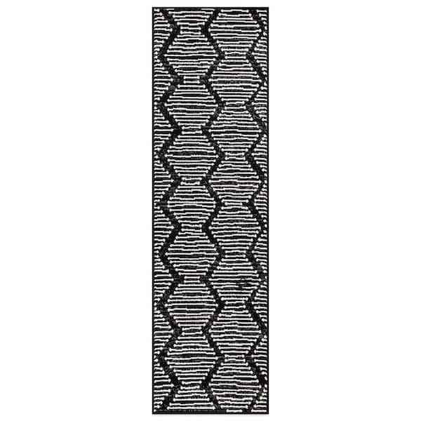 Milan Black 2 ft. x 7 ft. Boho Stripe Design Runner Rug