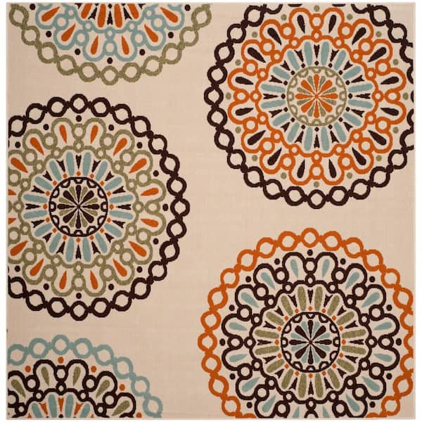 Veranda Cream/Terracotta 3 ft. x 3 ft. Geometric Floral Indoor/Outdoor Square Area Rug