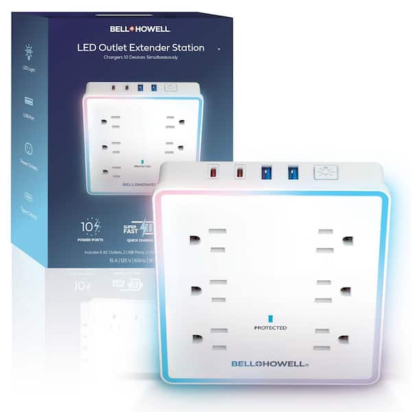 Bell + Howell LED Outlet Extender Station 6 Outlets, 2 USB, and 2 USB-C Ports Charging Extension with Night Light
