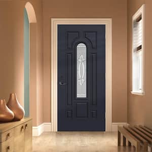 36 in. x 80 in. Left-Hand/Inswing Center Arch Blakely Decorative Glass Black Steel Prehung Front Door