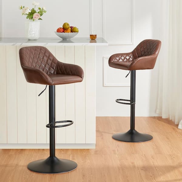 Glitzhome 32.75 in. H Mid-Century Modern Brown Metal Quilted Leatherette Gaslift Adjustable Swivel Bar Stool (Set of 2)