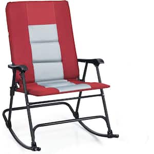 Metal Foldable Padded Portable Camping Outdoor Rocking Chair in Red with Backrest and Armrest