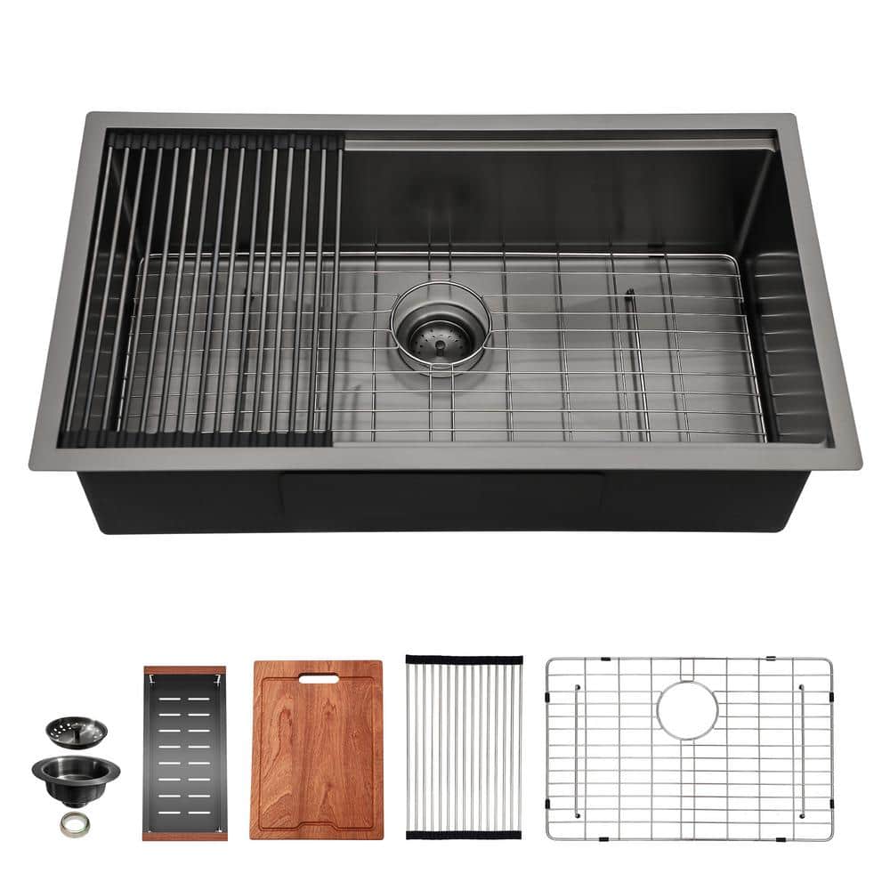 30 in. Undermount Single Bowl 16-Gauge Stainless Steel Kitchen Workstation 