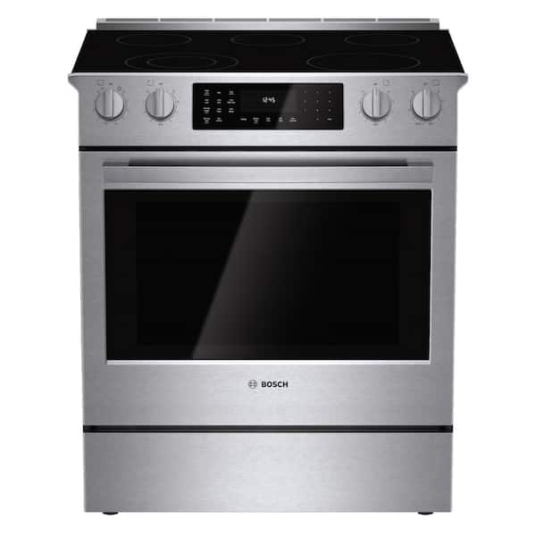 Bosch 800 Series 30 in. 4.6 cu. ft. Slide-In Radiant Electric Range with Self-Cleaning Convection Oven in Stainless Steel