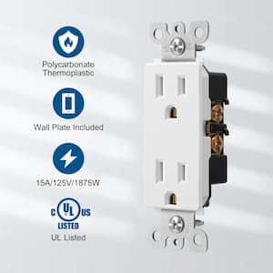 Decorator Receptacle Outlet with Wall Plate, 15 Amp Standard Electrical Wall Outlet, White (10 Pack)