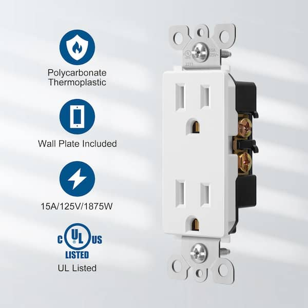 Decorator Receptacle Outlet with Wall Plate, 15 Amp Standard Electrical Wall Outlet, White (10 Pack)