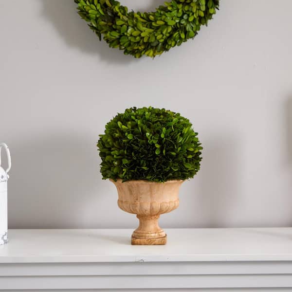 Nearly Natural 12 in. Boxwood Topiary Ball Artificial Preserved Plant in Decorative Urn