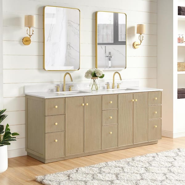 Oza 84 in. W x 22 in. D x 33.9 in. H Double Sink Bath Vanity in Natural Oak with White Quartz Stone Top and Mirror
