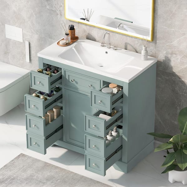 36 in. W x 18 in. D x 34.5 in. H Green Bath Vanity with Single Sink and White Ceramic Top 6-Drawers Adjustable Shelf