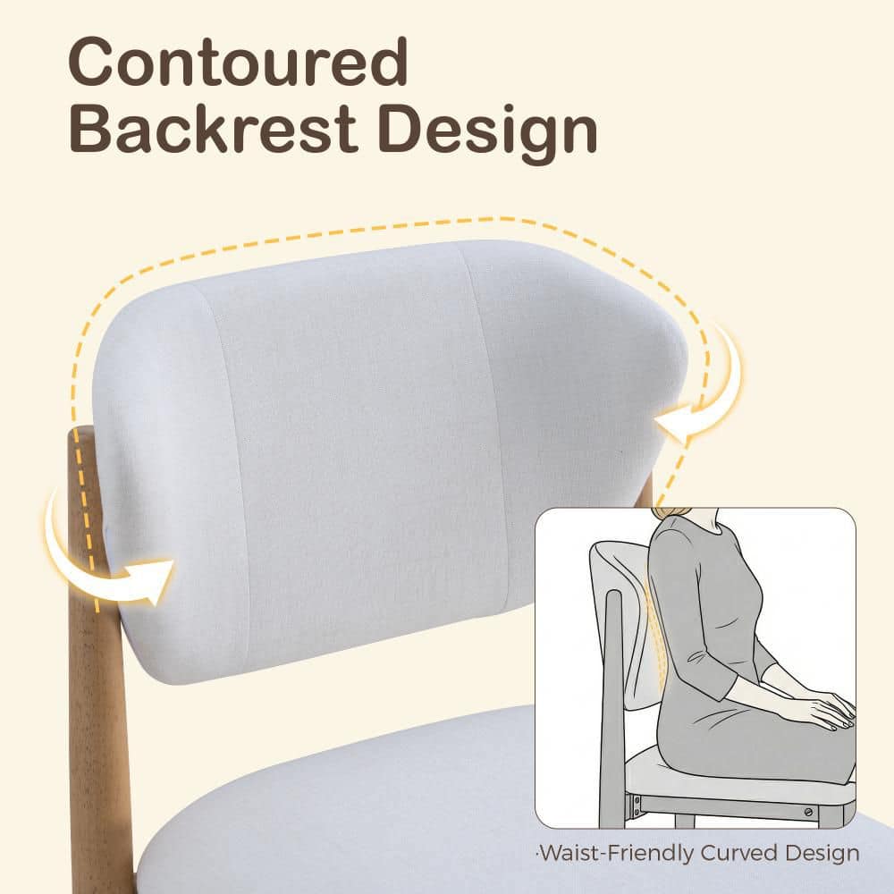 Close-up of the contoured backrest of the white dining chair.