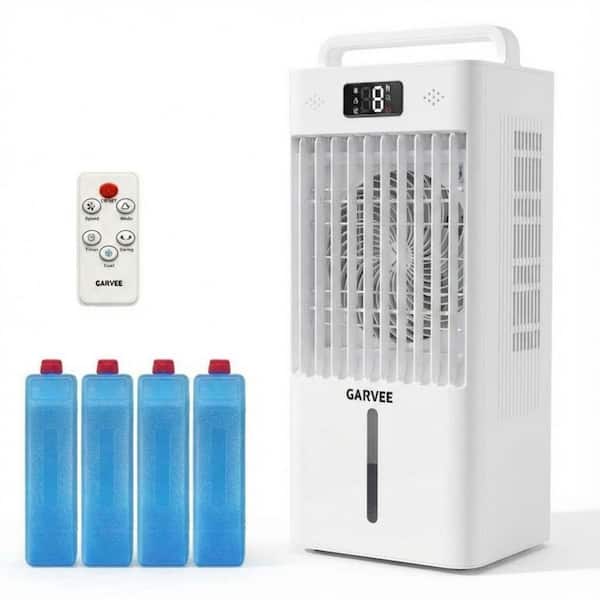 6-Speed Floor Fan, Portable Evaporative Air Cooler in White with Remote, 2.6 Gal Tank and 4 Ice Packs for 160 sq. ft.