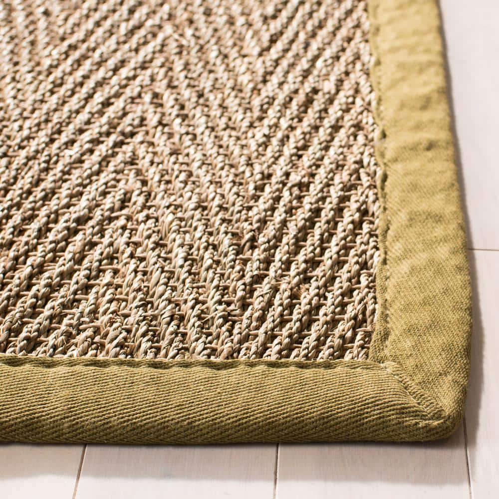 Natural Herringbone Seagrass Area Rug with Olive Border