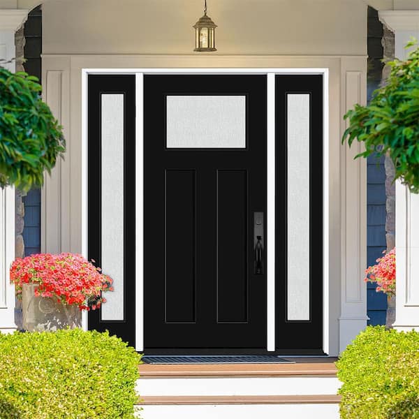 Legacy 68 in. x 80 in. 1/4 Toplite Rain Glass LHIS Primed Black Finish Fiberglass Prehung Front Door w/Dbl 14 in. SL