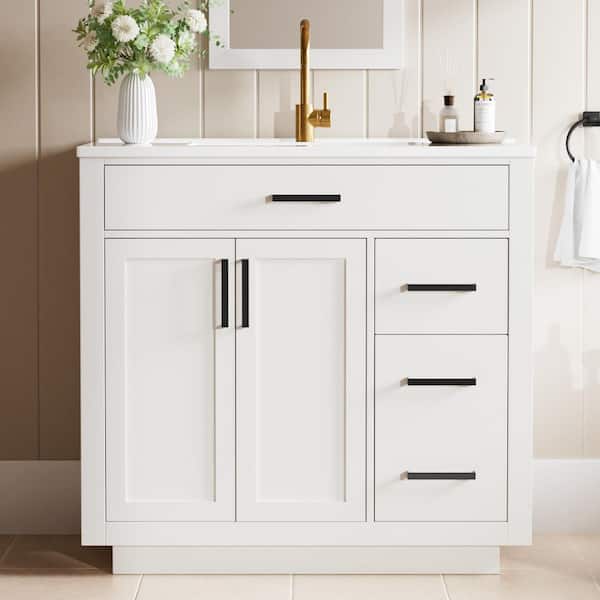 36 in. White Wood Single Sink Freestanding Bathroom Vanity with White Ceramic Top