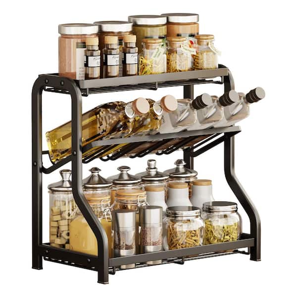 3 Tier Black Standing Kitchen Spice Rack Organizer, Metal Countertop Storage Shelf  for Spices, Jars, and Oil Bottles