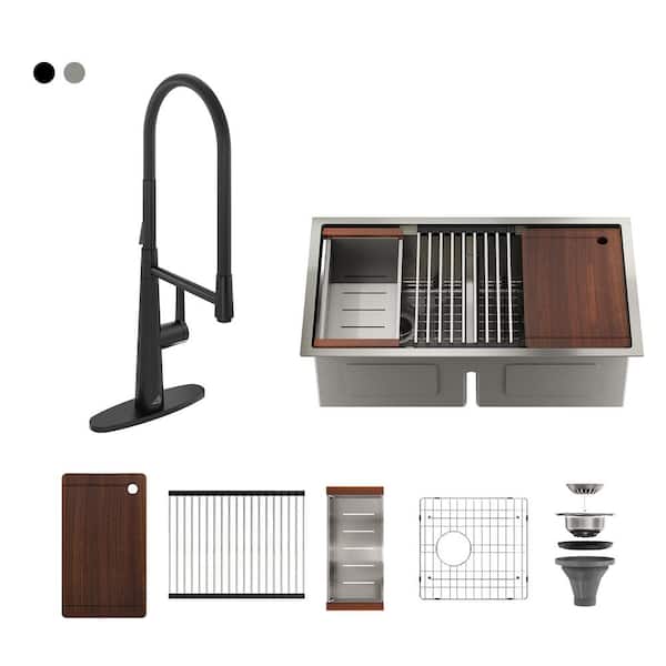 Stainless Steel 33 in. Double Bowl Undermount Workstation Kitchen Sink with Matte Black Kitchen Faucet and Accessories