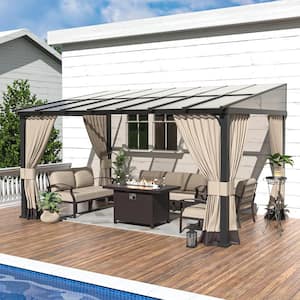 10 ft. x 14 ft. Brown Hardtop Wall Mounted Gazebo with Sloping Pitched Roof and Curtain Sand
