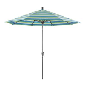 9 ft. Hammertone Grey Aluminum Market Patio Umbrella with Push Button Tilt Crank Lift in Seville Seaside Sunbrella