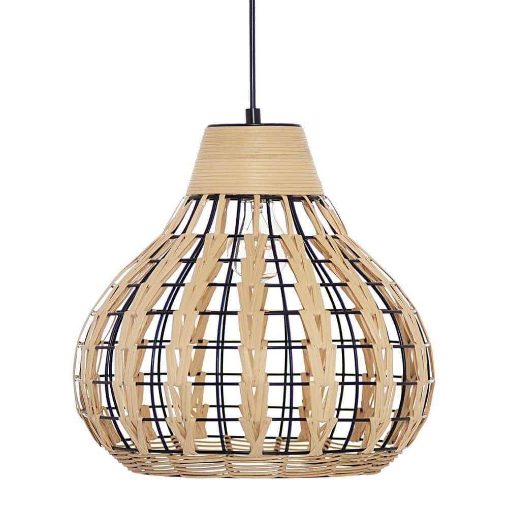 Everett 63" Black Metal Pendant Light with Globe-Shaped Rattan Shade