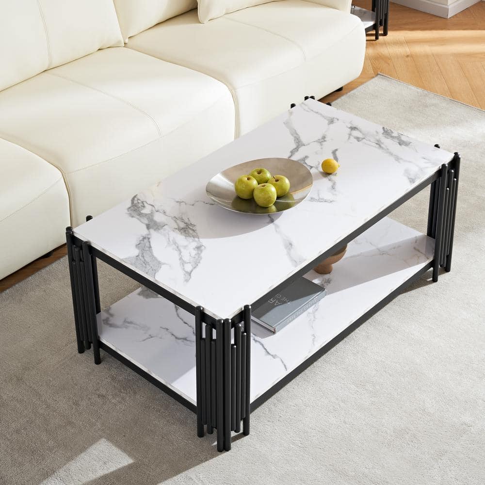 44.88 in. Black Rectangle Wood Coffee Table with 2-Tier Shelf Wood & Stable