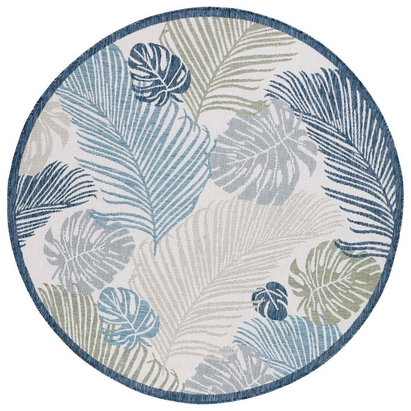Courtyard Beige/Green Blue 7 ft. x 7 ft. Oversized Botanical Leaf Indoor/Outdoor Round Area Rug