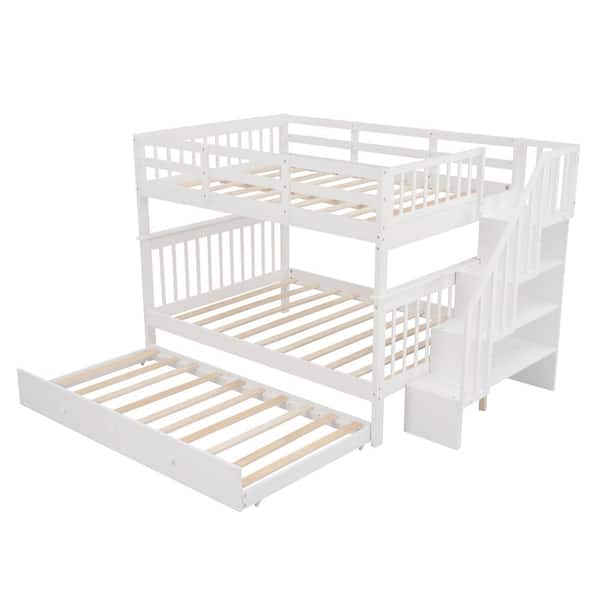 Gosalmon White Full Over Bunk Bed, Twin Over Stairway Storage Bunk Bed With Trundle