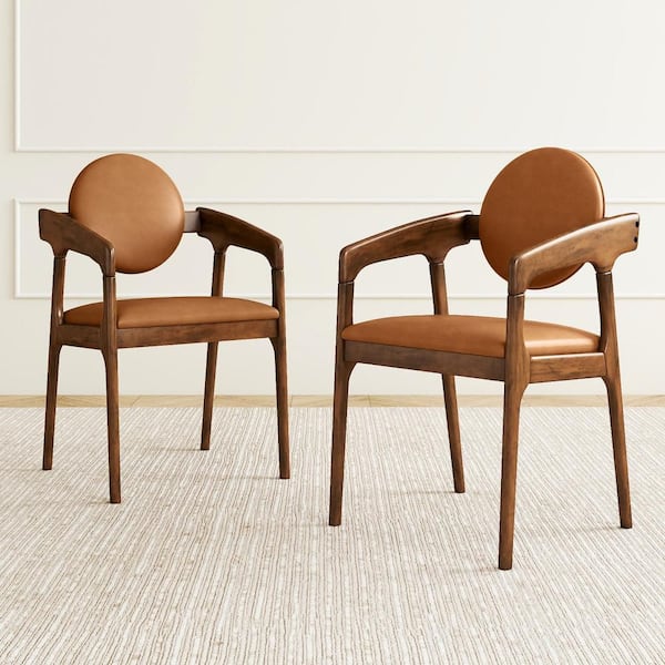 Wooden Dining Chair (Set of 2) with Rubber Wood Frame Padded Seat and Back Armrests