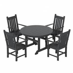 Hayes 5-Piece HDPE Plastic All Weather Outdoor Patio Round Trestle Table Dining Set with Arm Chairs in Gray