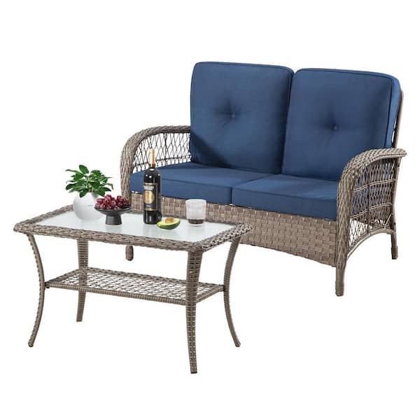 MEOOEM 2-Piece Wicker Outdoor Loveseat Conversation Set with Glass Top Coffee Table, Metal Frame with Blue Cushions