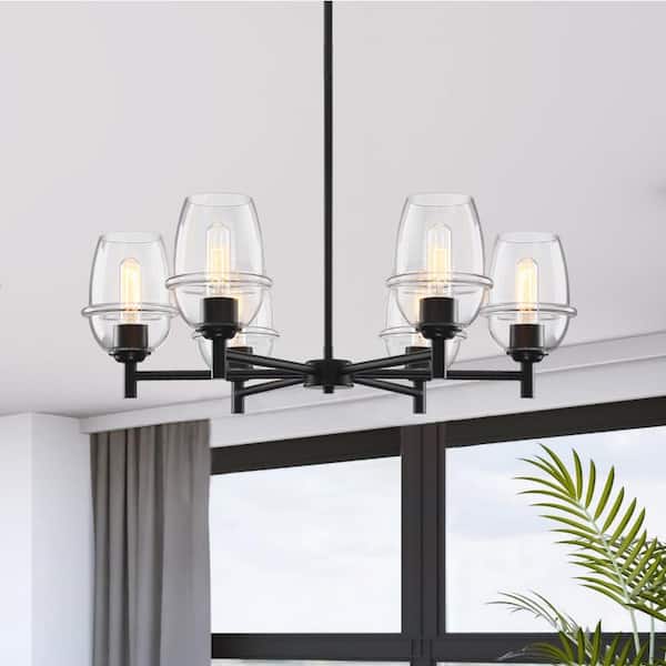 Summer Jazz 6-Light Matte Black Transitional Sputnik Chandelier for Dining Areas with No Bulbs Included