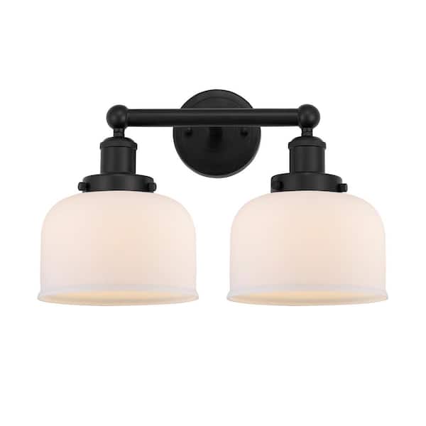 Bell 15.5 in. 2 Light Matte Black, Matte White Vanity Light with White Glass Shade