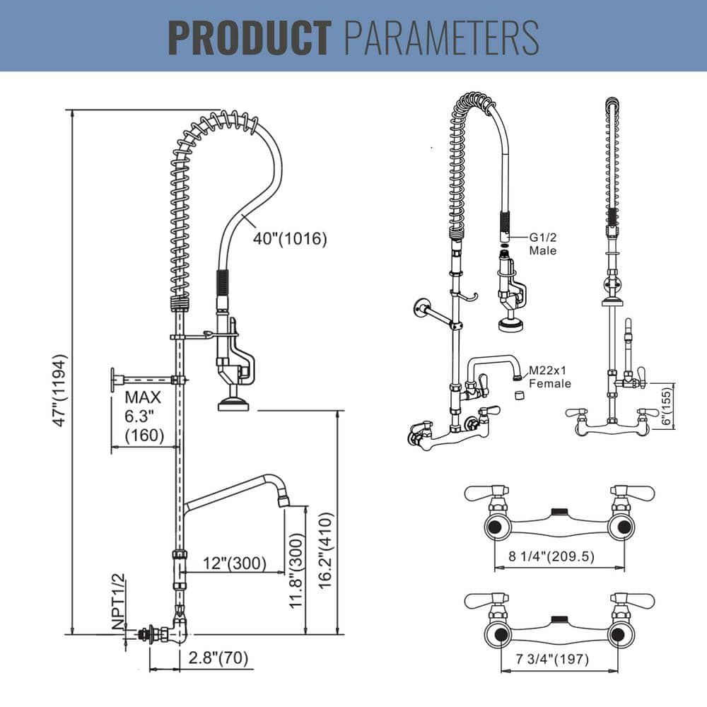 47 Inch Chrome Wall Mounted Commercial Kitchen Faucet with Pull-out Spray