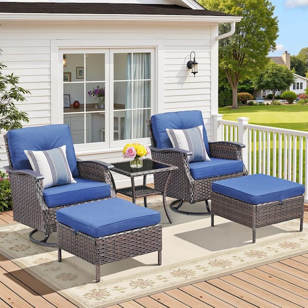 Buenaola 5-Piece Wicker Patio Conversation Set with Blue Cushions, 2 Swivel Chairs, 2 Ottomans, 1 Side Table