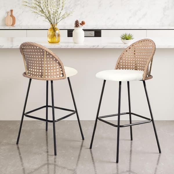 40.55 in. H Woven Wicker Low Back Metal Bar Stool with Beige Chenille Fabric Seat Cushion(set of 2)