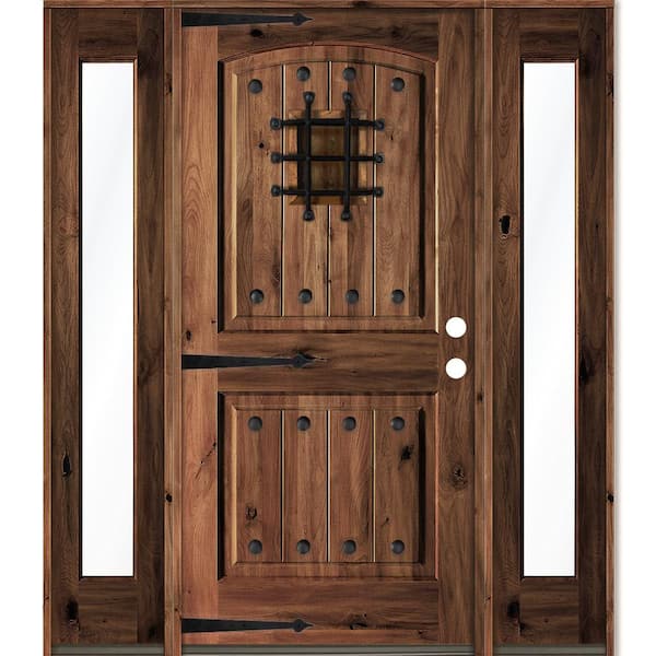 Krosswood Doors 64 in. x 80 in. Medit. Knotty Alder Left-Hand/Inswing Clear Glass Red Mahogany Stain Wood Prehung Front Door w/DFSL