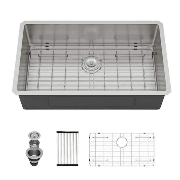 32 in. Undermount 16-Gauge Single Bowl Stainless Steel Kitchen Sink with Bottom Grids, Rolling-Up Rack and Strainer