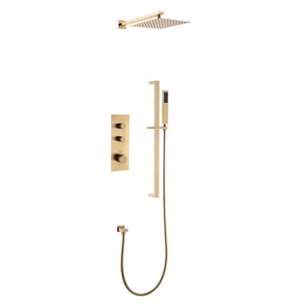 3 Spray 10 in. Dual Knob Handle Wall Mount Fix Shower Head and Handled Shower with 2.5 GPM in Brushed Gold