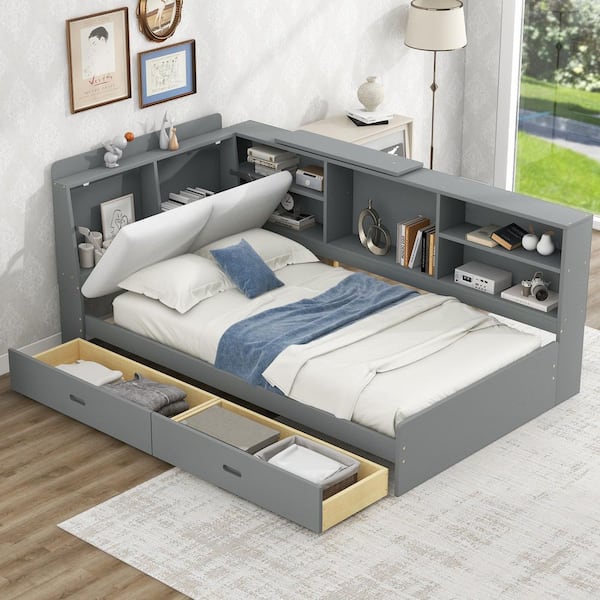 Gray Wood Frame Twin Size Platform Bed with 2 Drawers, Shelves and Storage Headboard
