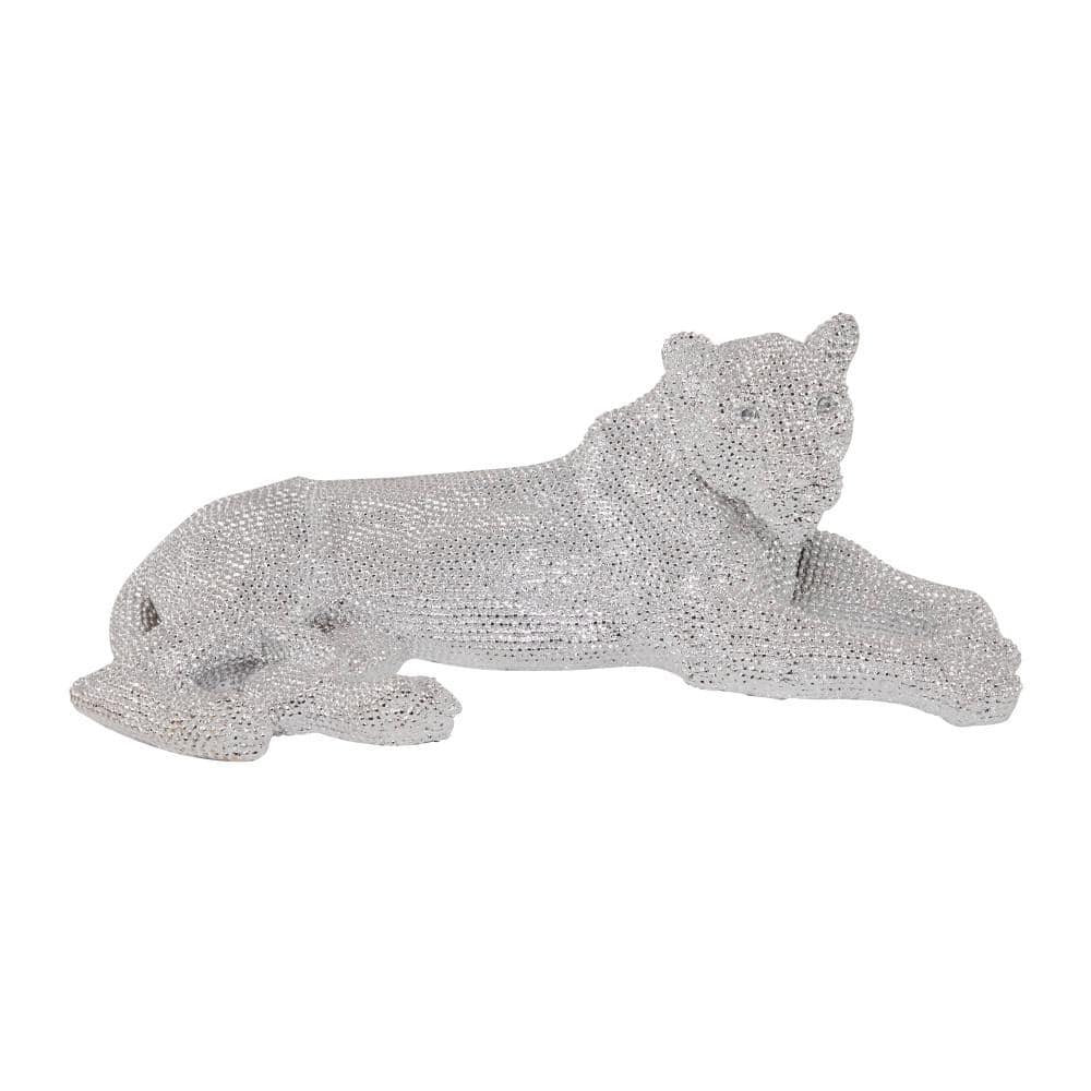 Silver Polystone Glam Leopard Floor Sculpture with Faceted Diamond Texture