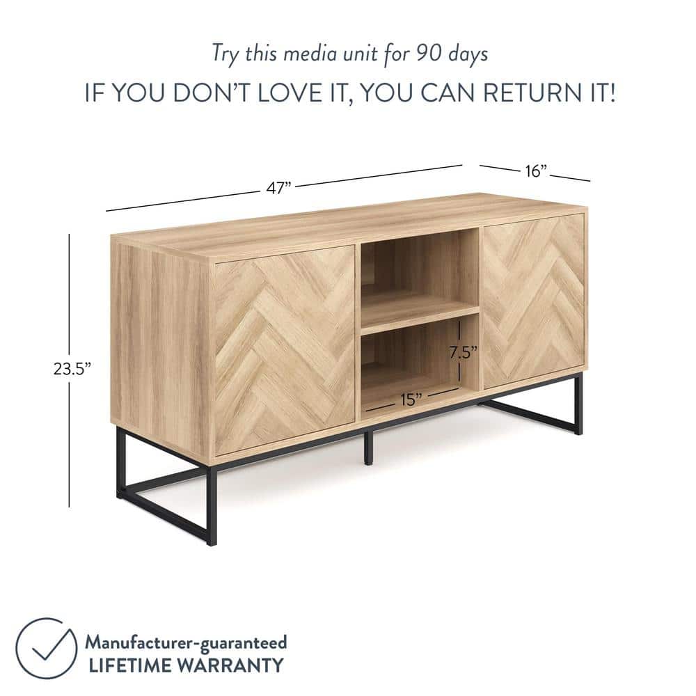 Reclaimed Oak and Matte Black Media Console with Herringbone Detail