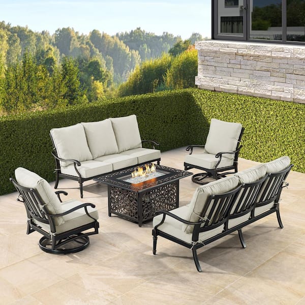 Black 5-Piece Aluminum Patio Fire Pit Set with Light Grey Cushions