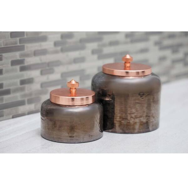 Litton Lane Cylindrical Smoked Black Glass Jar with Rose Gold Iron Lid (Set of 2)