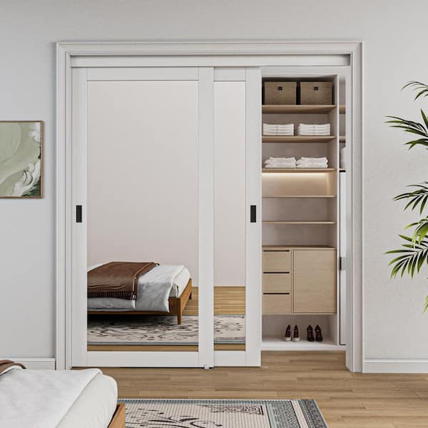 72 in. x 80 in. Solid Core 1-Lite Mirror White Primed MDF Interior Closet Sliding Door with Hardware and Black Handle