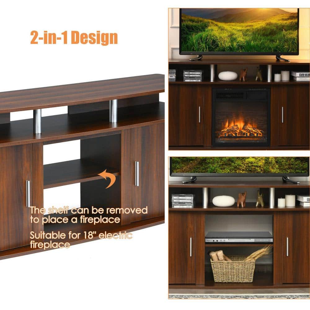 Walnut 63 Inch TV Stand with Cabinets and Fireplace Option