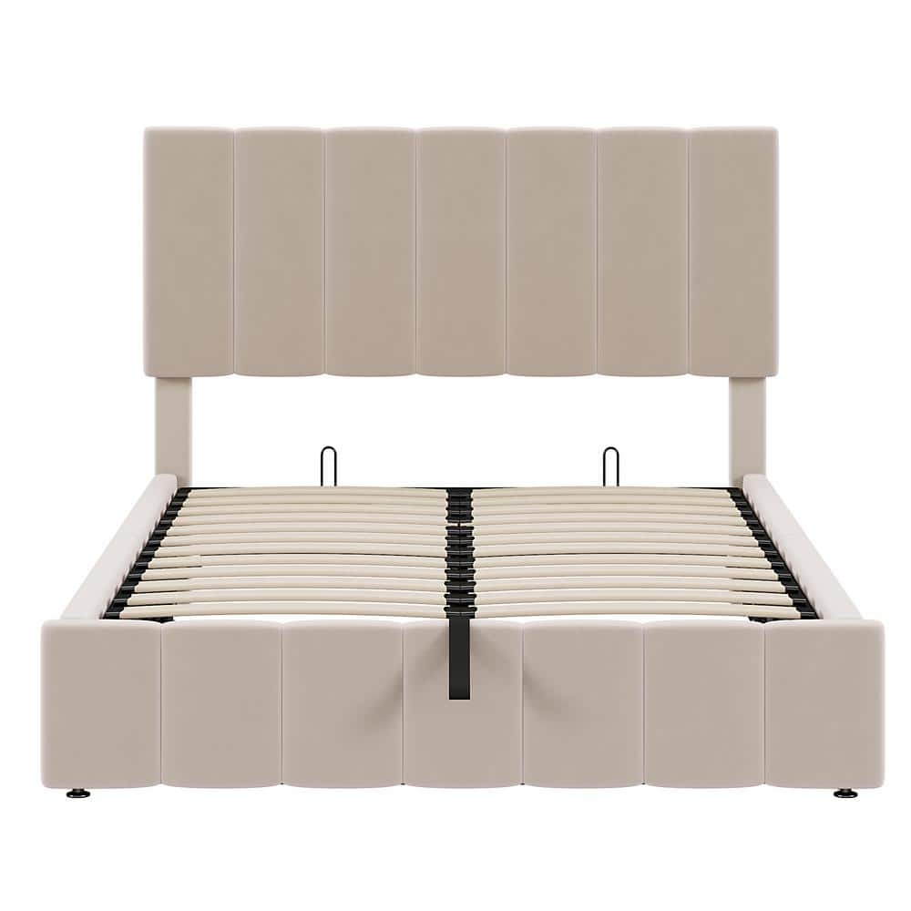 Beige Full Size Upholstered Platform Bed with Hydraulic Storage