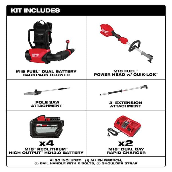 M18 FUEL 18V Brushless Cordless Dual Battery Backpack Blower Kit w/ M18 10 in Pole Saw, (4) 12.0 Batteries, (2) Chargers