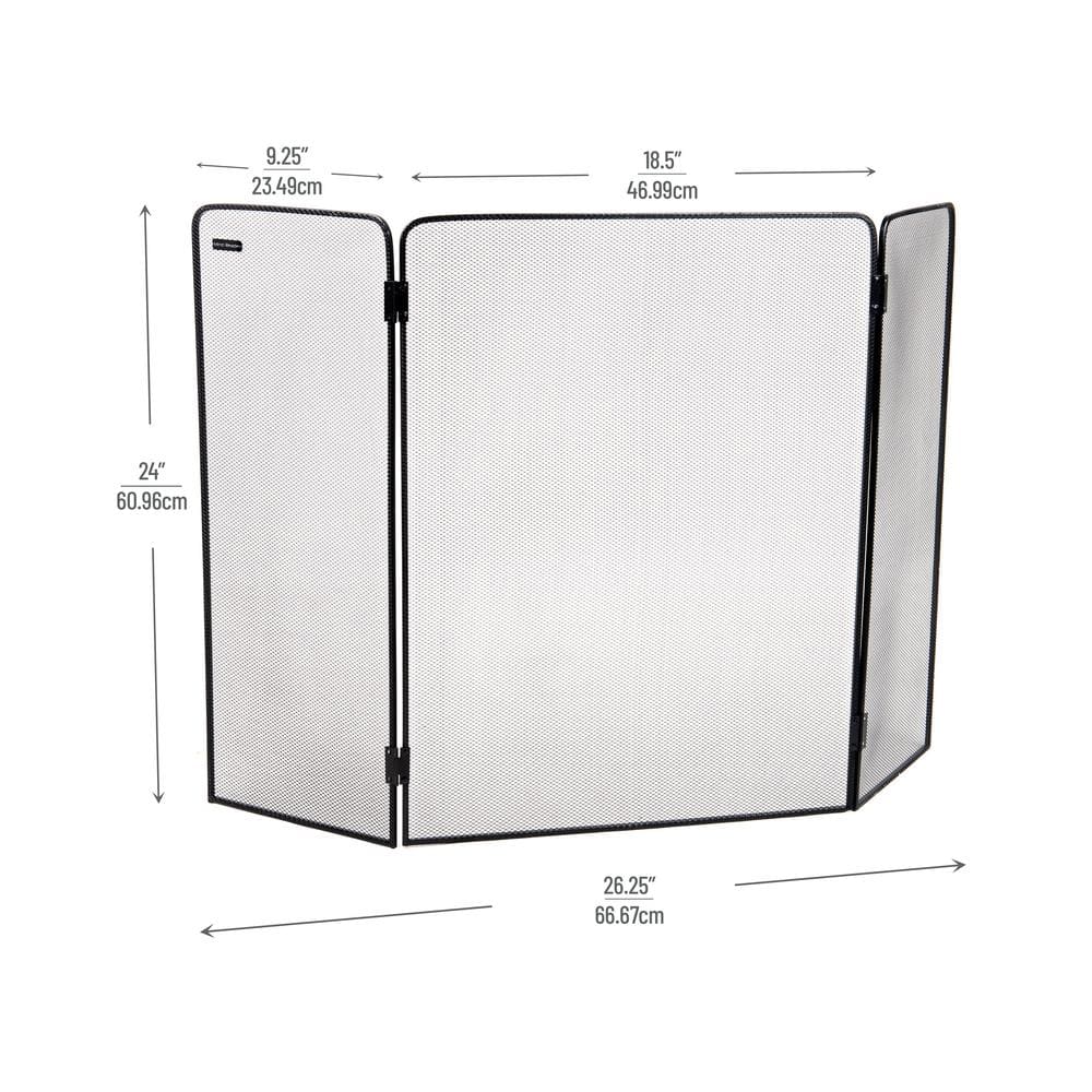 Black Metal Mesh Three-Panel Folding Fireplace Screen with Door