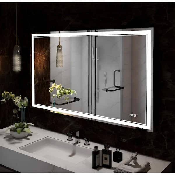 84 in. W x 32 in. H Rectangular LED Lighted Anti-Fog Dimmable Wall Mounted Bathroom Makeup Mirror in Silver