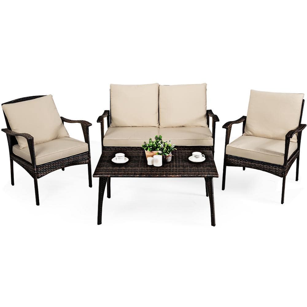 Brown 4-Piece Wicker Patio Conversation Seating Set with Beige Cushions price history on PriceWatchPro